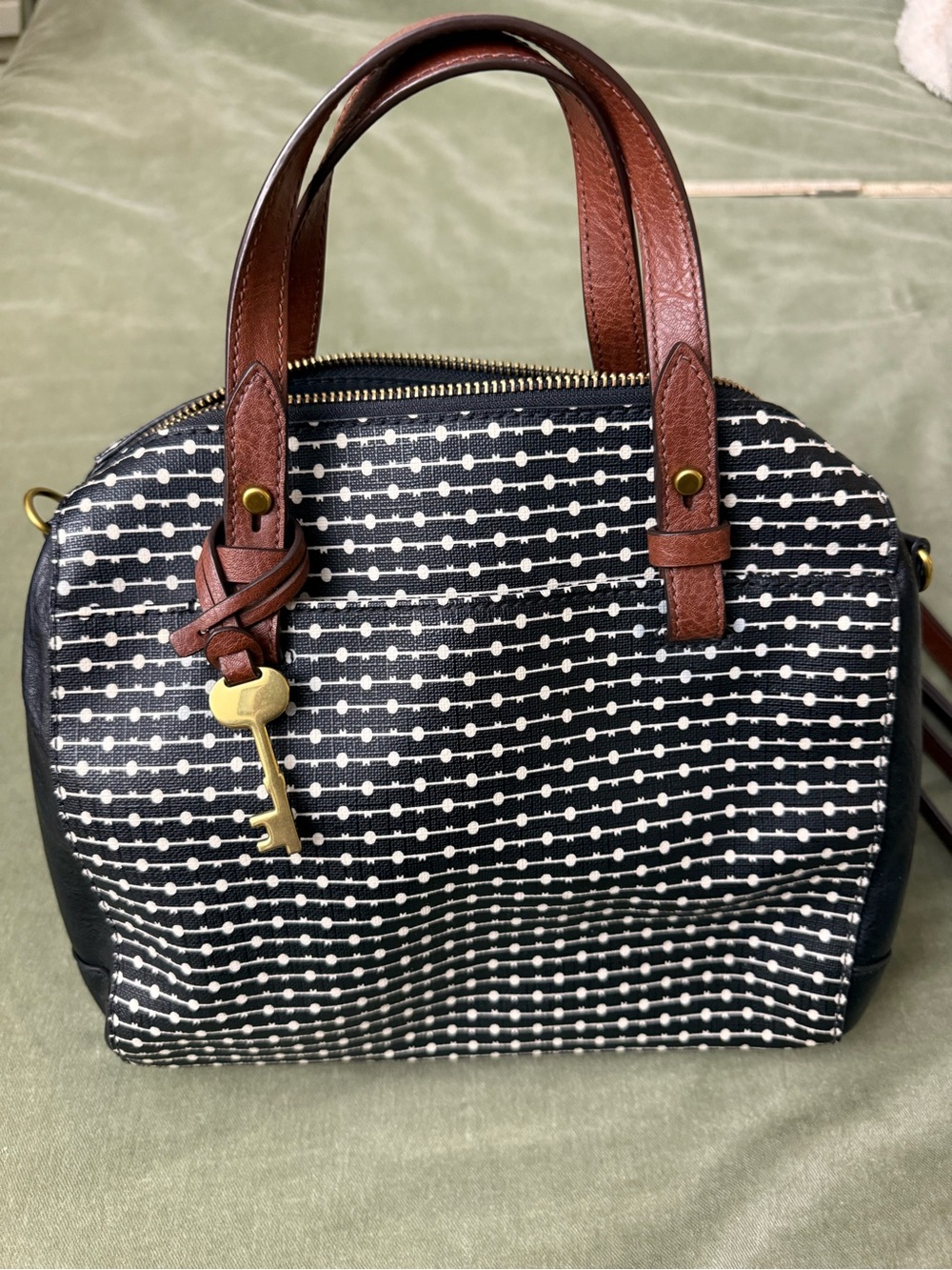 Fossil Structured Black & White Pattern SatchelCrossbody with Brown Handles #OSP